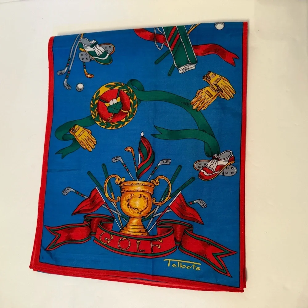 TALBOTS SCARF GOLF THEME BLUE RED GOLD MULTI COLOR RECTANGLE COTTON SILK BLEND